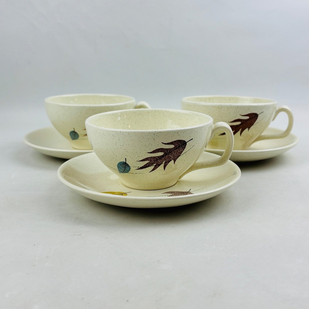 Franciscan Autumn Flat Cup & Saucer Set of 3‎ Speckled Leaves Vintage MCM